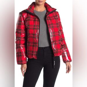 JUICY COUTURE Black Label Tartan Red Puffer Jacket Size Medium